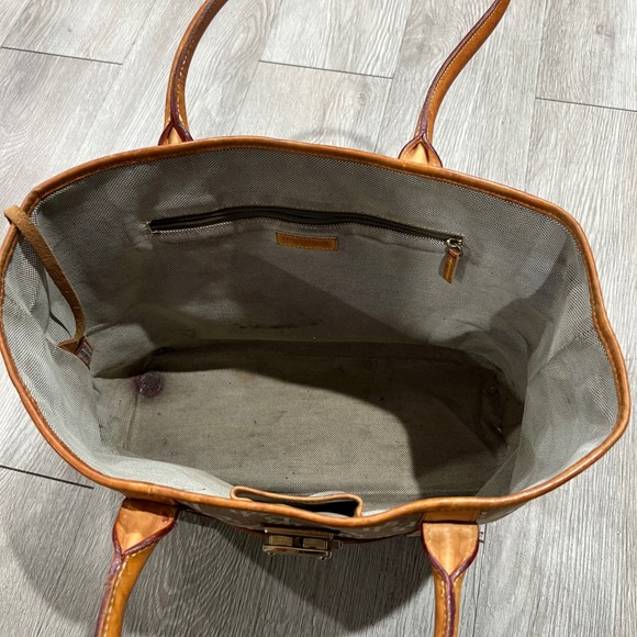 Dooney & Bourke Signature Monogram Tote Bag Tan Brown Leather Trim - Picture 12 of 14